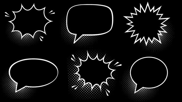  empty comic speech bubbles set with black halftone shadows ,chatting boxes pop up, message box cartoon animated icons. Balloon doodle style of thinking sign symbol

