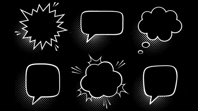 Retro empty comic speech bubbles set with black halftone shadows ,chatting boxes pop up, message box cartoon animated icons. Balloon doodle style of thinking sign symbol