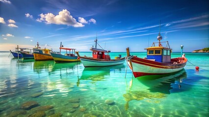 Fototapeta premium Colorful offshore fishing boats bobbing gently in the turquoise waters under a clear blue sky