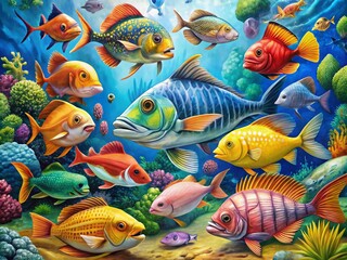 Fototapeta premium Colorful Ocean Fish Drawings Illustrating Diverse Marine Life in Vibrant Artistic Styles and Designs