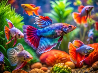 Fototapeta premium Colorful otocinclus and betta fish swimming gracefully in a vibrant freshwater aquarium habitat