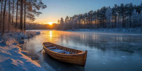 First Rays of Sunlight on a Frozen Snow-Covered Lake