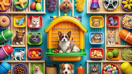 Obraz premium Colorful Pet Store Icon Featuring Various Animals and Pet Supplies for Online Shopping or Apps