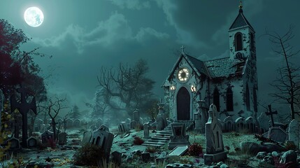 A Gothic Church and Graveyard under a Full Moon