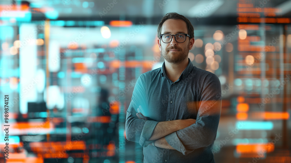 Poster portrait of a male data scientist standing in modern office with virtual display of data layers in b