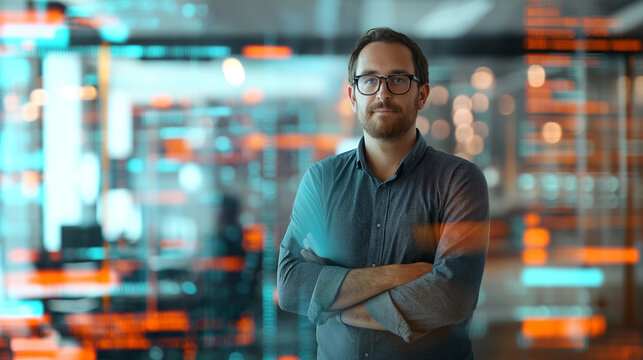 portrait of a male data scientist standing in modern office with virtual display of data layers in background