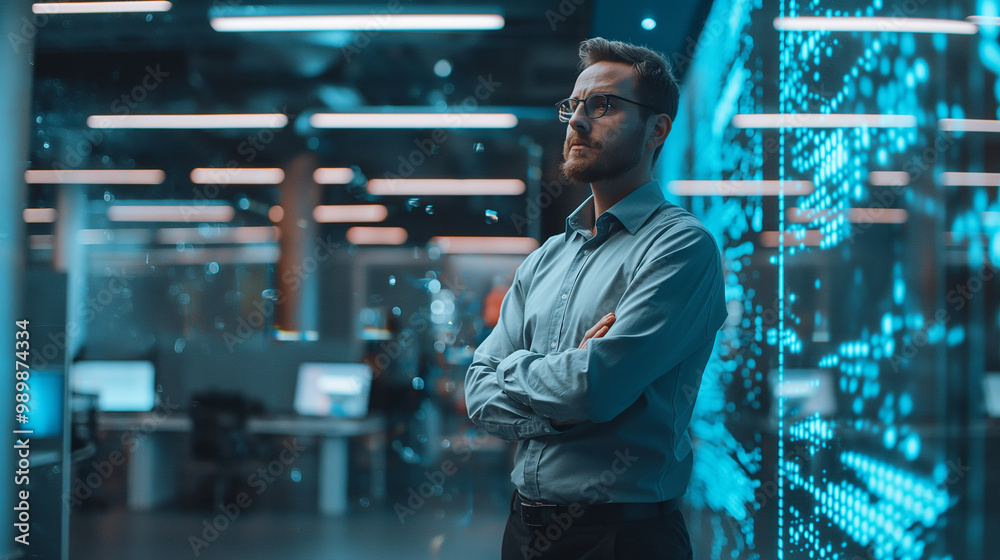 Poster portrait of a male data scientist standing in modern office with virtual display of data layers in b