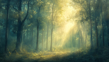 Obraz premium Tall, misty trees with sunlight streaming through the branches, creating a magical and mysterious forest atmosphere