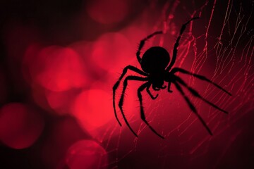 Silhouette of a creepy spider on a web creating an ominous atmosphere perfect for Halloween at night