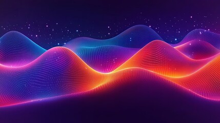 Obraz premium Abstract Digital Landscape with Vivid Gradient Waves and Glowing Particles