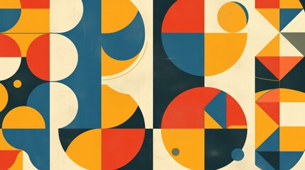 Retro geometric pattern background featuring abstract circles, triangles, and squares in yellow, blue, red, and green colors