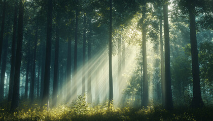 Tall, misty trees with sunlight streaming through the branches, creating a magical and mysterious forest atmosphere