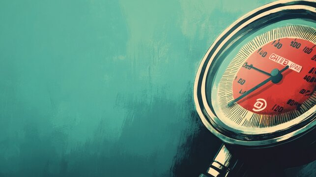 A close-up of a pressure gauge with a red dial against a teal background.