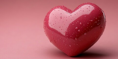 Obraz premium A glistening heart shape, adorned with droplets of water, rests upon a soft pink surface.