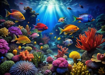 Obraz premium Colorful tropical fish swimming among vibrant coral reef in a beautiful underwater scene