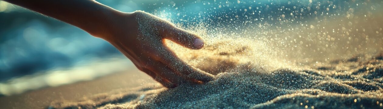 A hand gently sifting through fine sand, capturing the essence of relaxation and connection with nature.