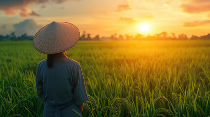 Fototapeta premium Asian farmer in traditional attire stands in lush rice field, gazing at vibrant sunset. warm colors of sky reflect beauty of nature and hard work of farming