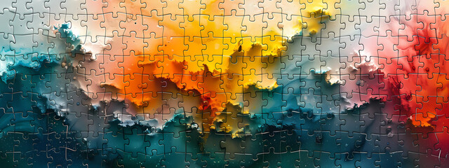 A vibrant and colorful abstract puzzle piece arrangement with hues of orange, blue, and teal, creating an immersive visual experience.