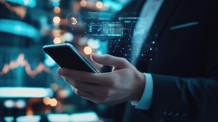Businessman completing an online payment via smartphone and digital wallet, using blockchain technology for secure global transactions.