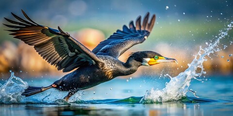 Cormorant Bird Fishing in Clear Water, Capturing Its Prey with Sharp Talons and Expert Precision