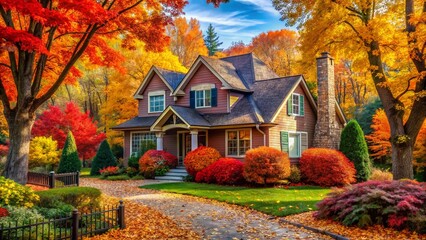 Cozy House Surrounded by Vibrant Autumn Foliage and Colorful Leaves in a Peaceful Neighborhood