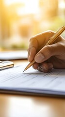 A small business owner in a professional outfit filling out a loan application form at a desk, surrounded by financial documents