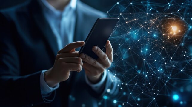 Businessman making a secure mobile payment via digital wallet, using smartphone and blockchain technology for global financial transactions.