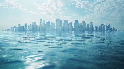 Fototapeta premium City Skyline Submerged in Rising Water Levels Depicting the Impact of Climate Change