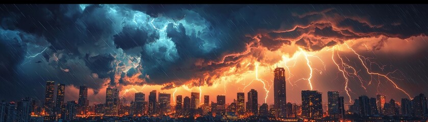 Obraz premium Dramatic storm over a city skyline, showcasing vibrant lightning and ominous clouds, creating an intense atmospheric scene.