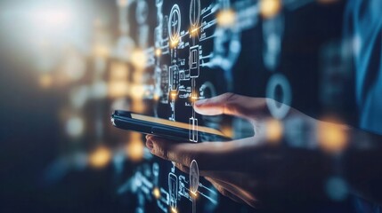 Businessman making a secure online payment via smartphone and digital wallet, using blockchain technology for financial transactions.