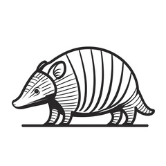 This illustration features a stylized armadillo in black line art, showcasing its unique shell pattern and posture as it strolls across a plain background