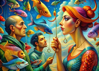Fototapeta premium Creative Concept of Human Figures Interacting with Fish Hooks in a Surreal Artistic Representation