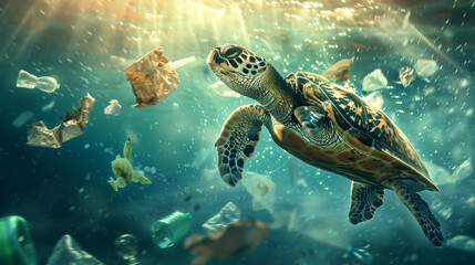 Sea Turtle Swimming Amidst Plastic Debris in Polluted Ocean Waters..