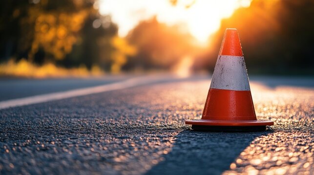 A single orange traffic cone sits in the middle of an asphalt road at sunset.