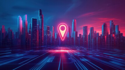 Futuristic cityscape with neon lights and a centralized location marker, creating a unique urban atmosphere.