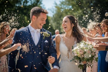 Joyful moments of a bride and groom celebrating their wedding surrounded by friends in a picturesque outdoor setting
