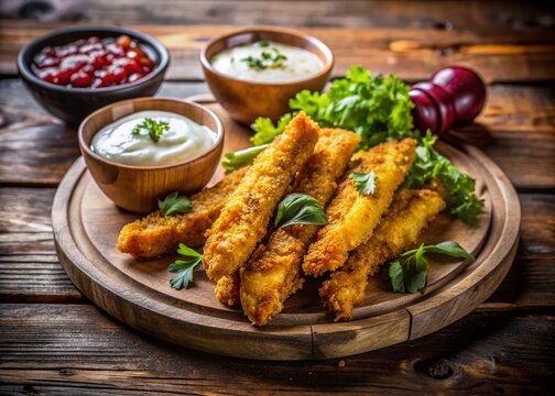 Crispy Catfish Goujons Served with Dipping Sauce on a Rustic Wooden Table for Gourmet Dining