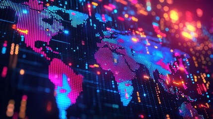 Vibrant digital world map with colorful data points and lines representing global connections and technology innovations.