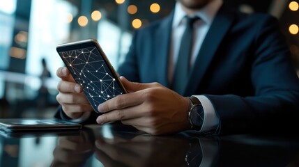 Businessman using smartphone to make a mobile banking payment, with digital wallet and blockchain technology enabling secure financial transactions.