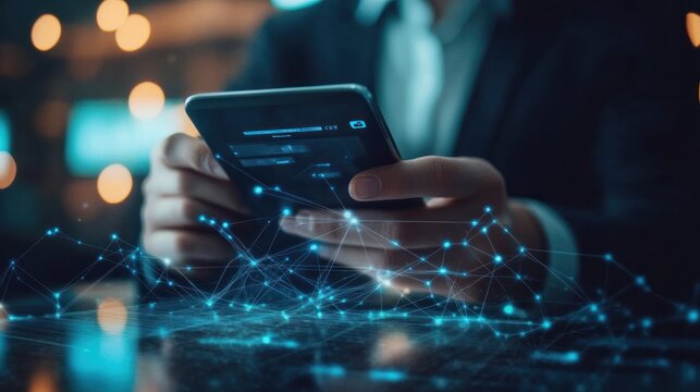 Businessman using smartphone to make a mobile banking payment, with digital wallet and blockchain technology enabling secure financial transactions.