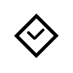 A minimalist black icon representing clearance, showcasing a checkmark within a diamond shape, ideal for websites and user interfaces to indicate approval