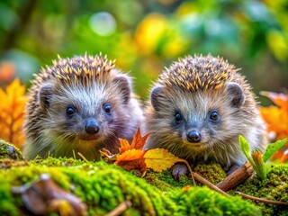 Fototapeta premium Cute Hedgehogs in Natural Habitat: Spiky Creatures Exploring Their Environment in Nature's Beauty