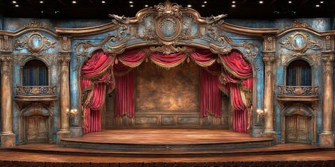 Obraz premium A Theatrical Stage Adorned with Ornate Architecture and Elegant Red Curtains