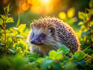 Fototapeta premium Czech Hedgehog in Natural Habitat with Lush Greenery and Soft Morning Light on a Sunny Day