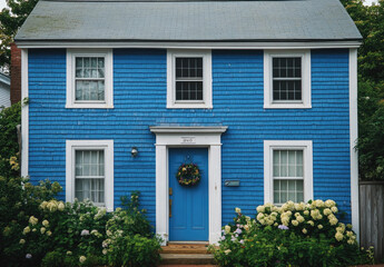 Obraz premium A house with a blue front door, white trim, and windows in a coastal town