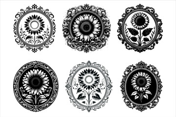 Vector Silhouettes of Sunflower in a Vintage Frame set. Sunflower Silhouette vector Bundle Clipart.