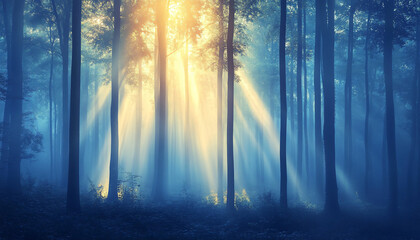 Fototapeta premium Tall, misty trees with sunlight streaming through the branches, creating a magical and mysterious forest atmosphere