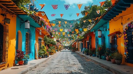 Fototapeta premium A vibrant street scene adorned with colorful papel picado banners and charming buildings.