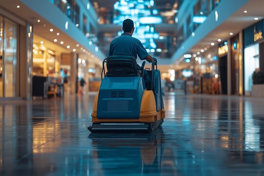 Cleaner operating a floor scrubbing machine in a shopping center during daytime cleaning