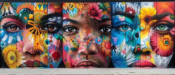 Fototapeta premium A vibrant mural featuring colorful faces adorned with floral patterns and expressive eyes.